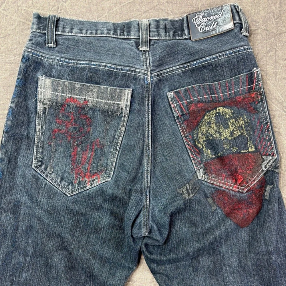 Sacred Cult Jeans Mens 32x32 Straight Graphic Skull Blue Streetwear 7th Y2K
